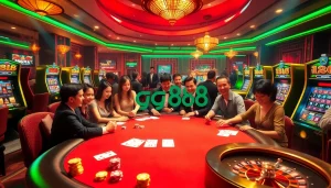 Experience the thrill of gambling at gg88 with a lively casino scene showcasing poker and slot machines.