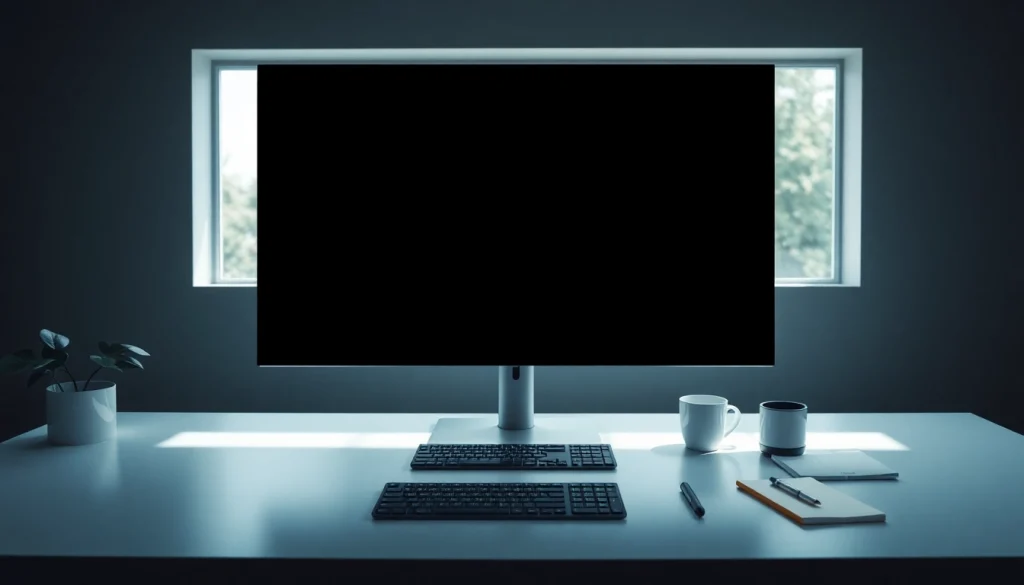 Black screen displayed on a modern computer monitor in a minimalistic workspace for focus and productivity.