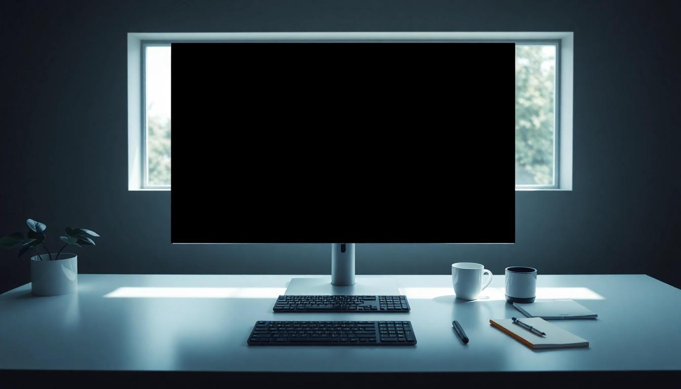 Black screen displayed on a modern computer monitor in a minimalistic workspace for focus and productivity.