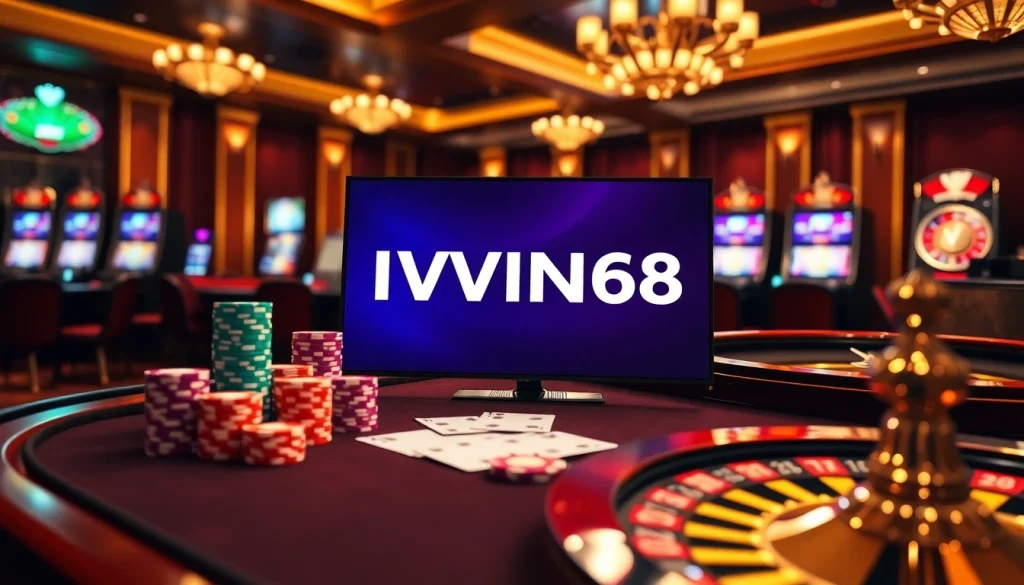 IWIN68 online gambling interface with vibrant casino elements featuring poker chips, cards, and a glowing roulette wheel.