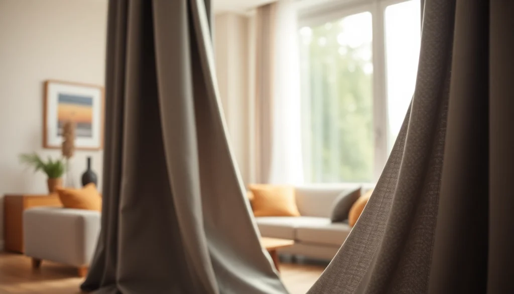 Verduisterende gordijnen geven sfeer aan een moderne woonkamer met natuurlijke verlichting.