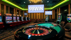 Experience the excitement of 98WIN at a luxurious online casino featuring roulette and poker games.