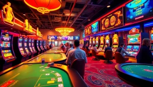 Exciting scene of online gaming at https://jun88pl.com/ showcasing players enjoying various games in a vibrant casino environment