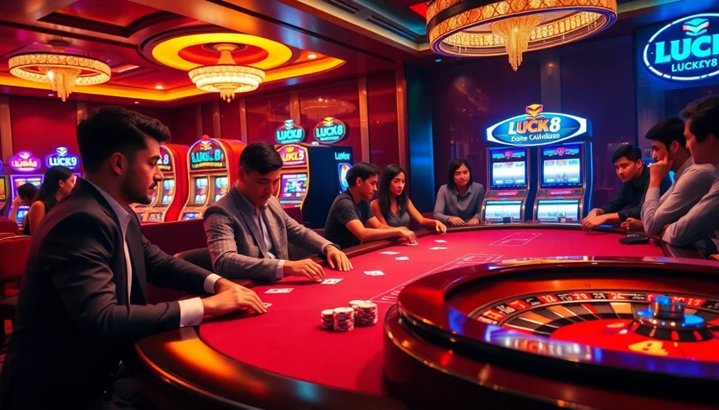Cảnh casino sôi động với thương hiệu LUCK8 và LUCKY8, nổi bật hành động poker và các máy đánh bạc đầy màu sắc.