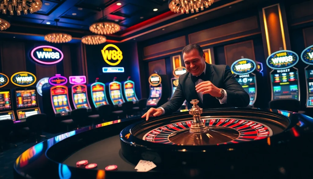 Experience the thrill of WW88 with luxury casino vibes, roulette, and vibrant slot machines.