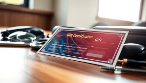 A beautiful car detailing gift certificate on a wooden table, showcasing its premium quality and elegant design.
