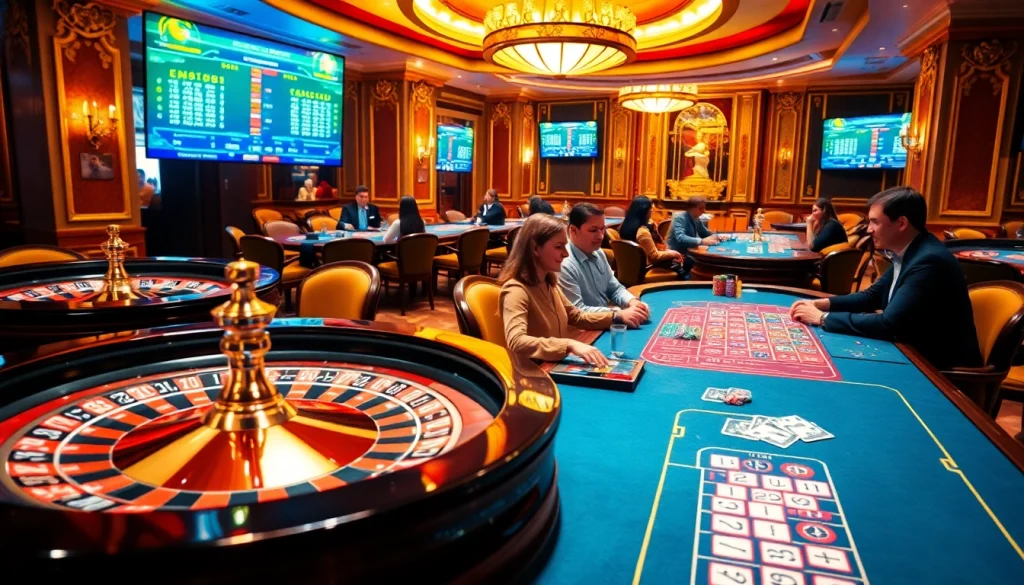 Engaging casino gameplay scene at https://thabet.vegas/ featuring vibrant roulette wheels and poker tables.