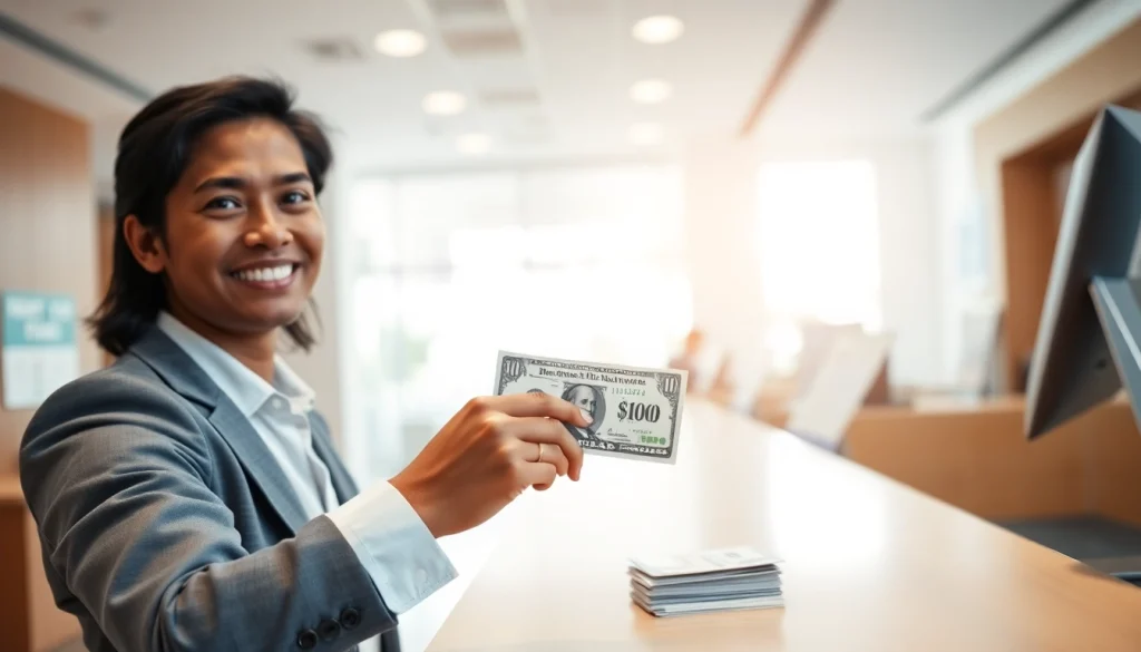 Melakukan deposit 1k di bank dengan percaya diri, menampilkan suasana profesional.