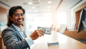 Melakukan deposit 1k di bank dengan percaya diri, menampilkan suasana profesional.