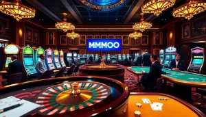 Engaging gamblers enjoying MMOO strategies at a luxurious casino with roulette and poker tables.