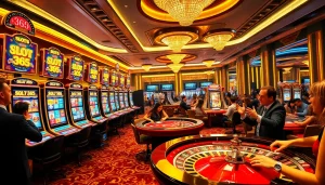 Experience the excitement of slot 365 with vibrant slot machines and lively gamblers at a luxury casino.