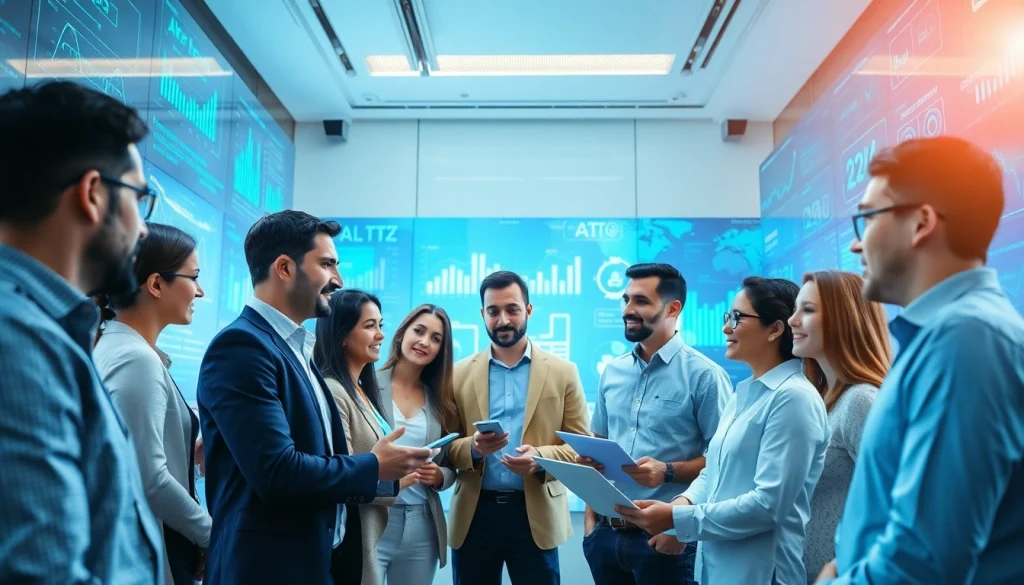 AI integration service provider team collaborating with advanced technology in a modern workspace.