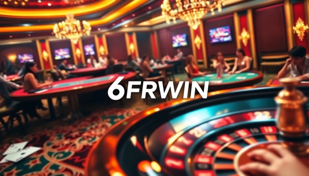 Exciting casino action featuring the 6RWIN logo on roulette and poker tables.
