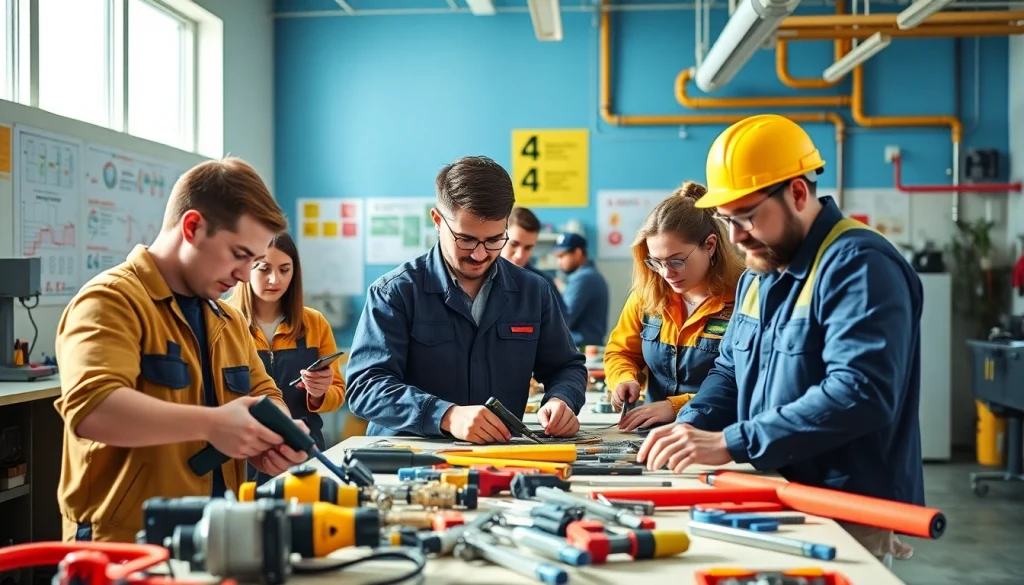 Students practicing hands-on skills at an abc trade school in a bright classroom setting.