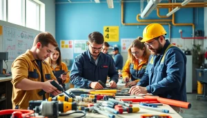 Students practicing hands-on skills at an abc trade school in a bright classroom setting.