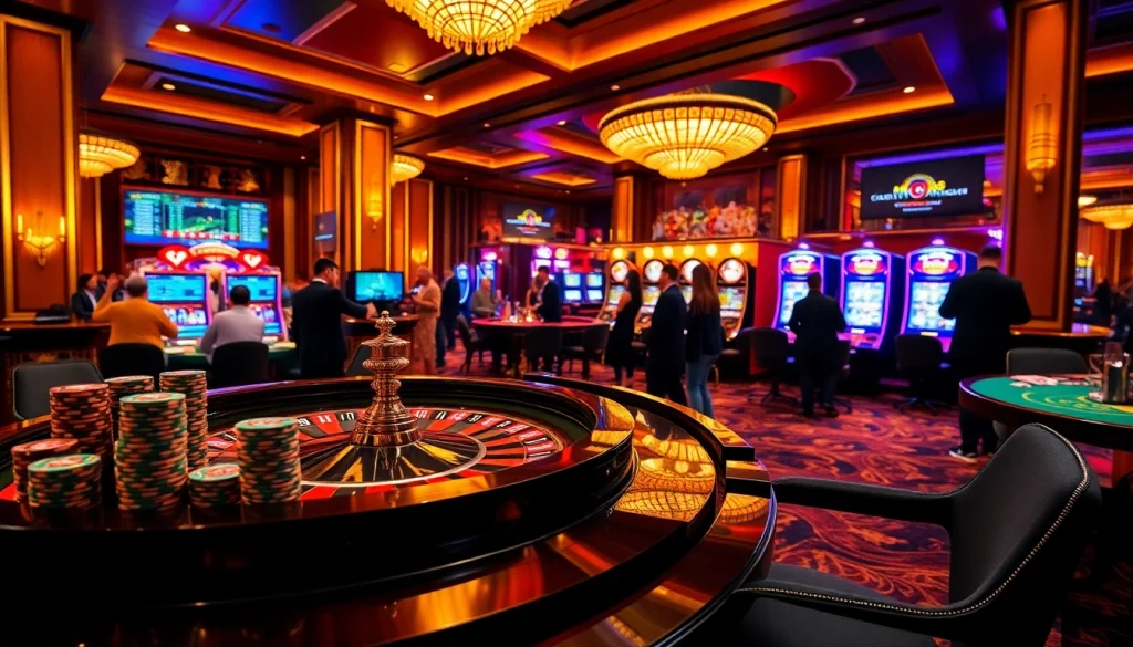 Exciting casino scene showcasing mv88 with roulette, poker chips, and a sports betting interface.