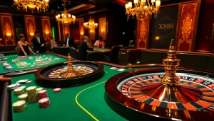 X88 poker chips stacked on a vibrant casino table surrounded by players and a roulette wheel.