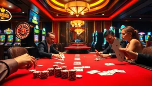 Experience high-stakes gaming at Luckywin's luxurious casino with vibrant tables and thrilling action.