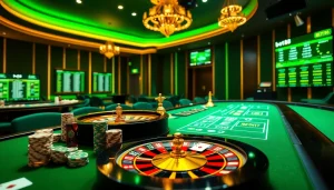 Bet88 casino scene with roulette wheel and digital betting displays creating an exciting gambling atmosphere.