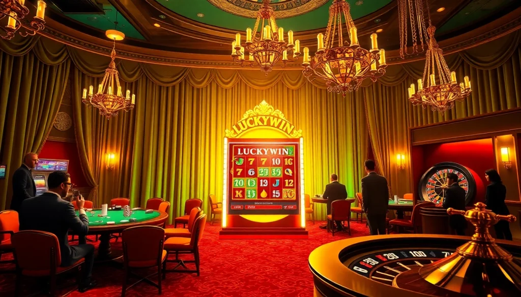 Luckywin slot machine in a luxurious casino setting, with vibrant colors and high-stakes excitement.