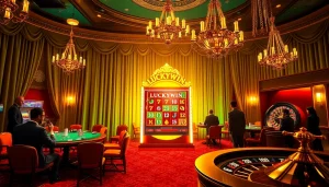 Luckywin slot machine in a luxurious casino setting, with vibrant colors and high-stakes excitement.