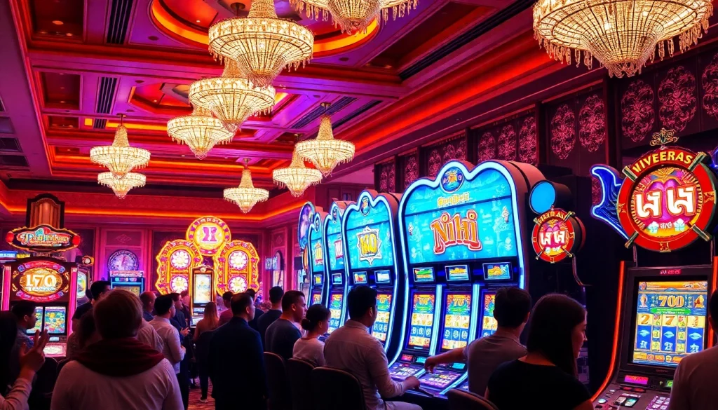 Exciting gambling atmosphere featuring a "nổ hũ" slot machine surrounded by enthusiastic players celebrating wins.
