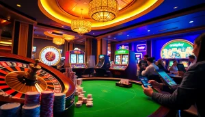 Experience the excitement of onicplay with vibrant casino scenes, from slot machines to poker tables.