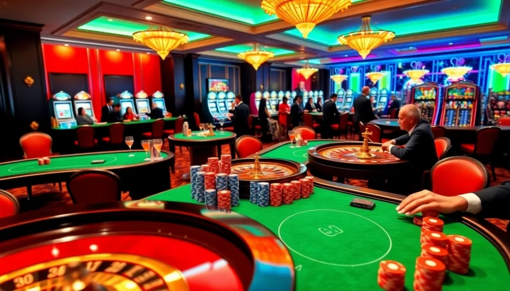 An engaging view of players enjoying gambling at https://ok88.tech/ with poker tables and roulette wheels in a luxurious casino.