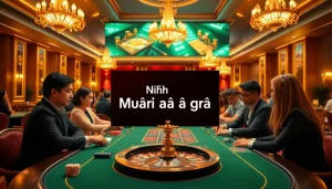 Engaging scene of Nhà cái đá gà in a luxurious casino, featuring vibrant tables and strategic play.