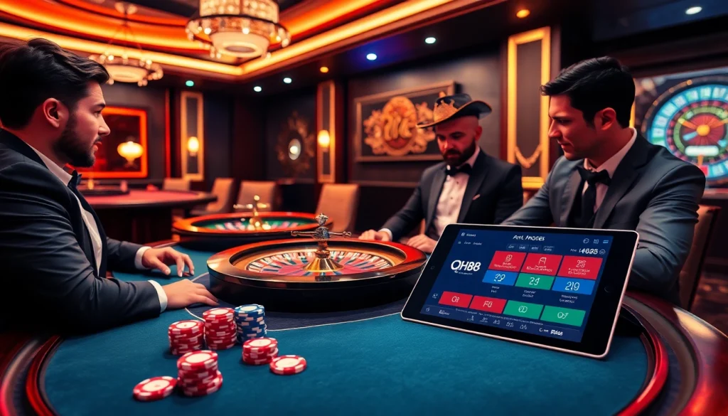Engage in high-stakes poker at QH88 casino, showcasing vibrant chips and thrilling gameplay.