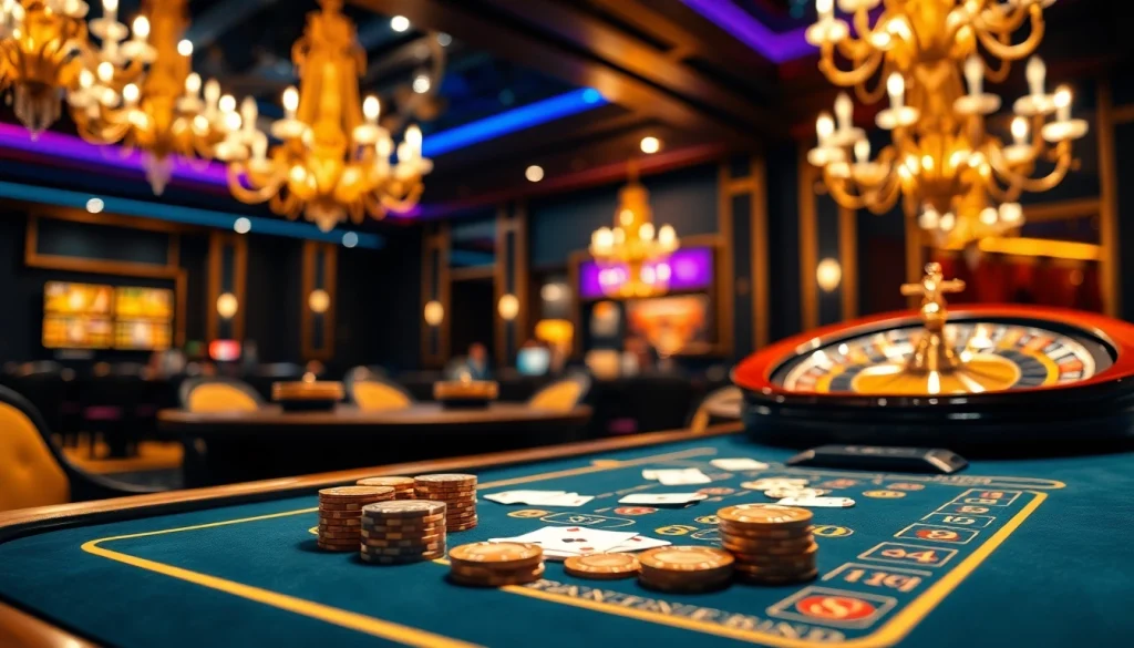Ressentez l'excitation au casino en ligne avec des tables de poker vibrantes, des jetons et des roues de roulette dans une ambiance luxueuse.