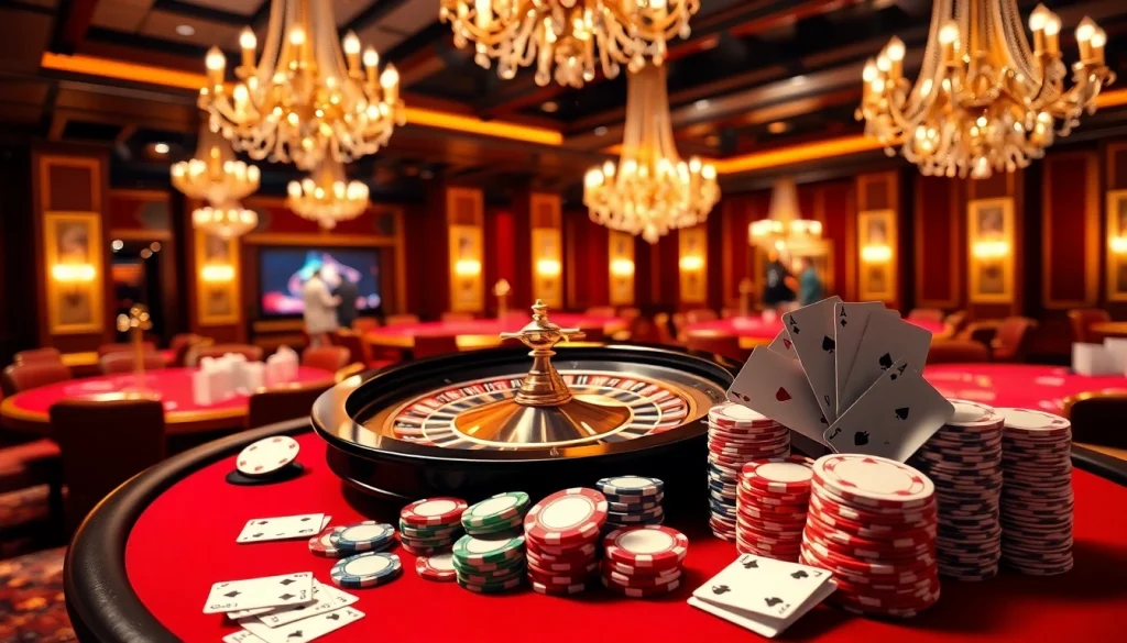Vivez le frisson du casino en ligne avec une magnifique roue de roulette et des jetons de poker luxueux.
