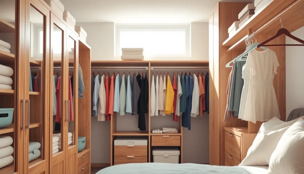Stunning closet organization in a modern bedroom highlighting well-arranged outfits and accessories.