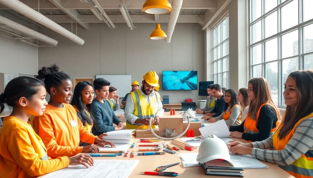 Students actively participating in construction education activities in a vibrant classroom.