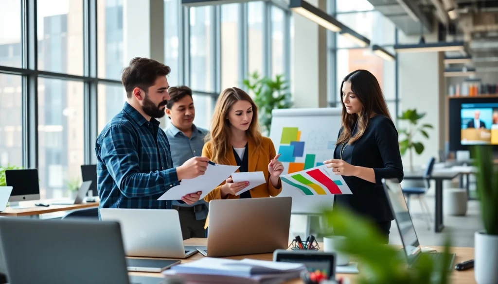 Innovative team of web designers essex collaborating in a bright, modern workspace.