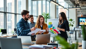 Innovative team of web designers essex collaborating in a bright, modern workspace.