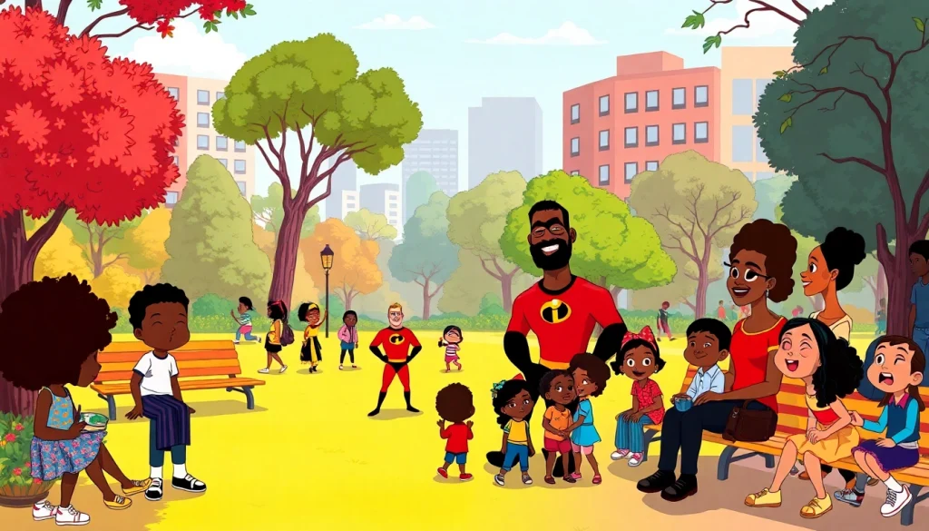 Diverse characters from African American cartoons enjoying a bright park scene, showcasing representation and joy.