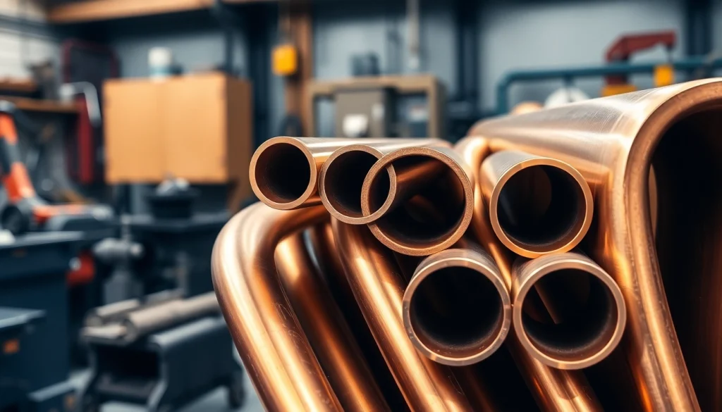 Teava de bronz expusă într-un atelier profesional, prezentând diferite dimensiuni și finisaje.