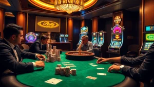 Berpartisipasi dalam permainan poker eksklusif di jmacdonaldphoto.com, menampilkan elemen kasino yang berwarna-warni dan kemewahan.