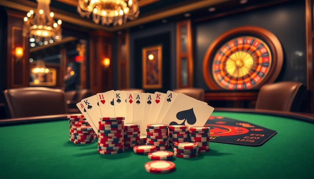 Play high-stakes poker at https://nk88.luxury with a luxurious table set up in a vibrant casino setting.