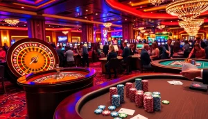 KJC players engage in thrilling table games, highlighting luxury and excitement in a vibrant casino environment.