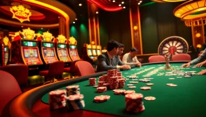 Vivez l'excitation dans un casino en ligne de luxe avec poker et tables de jeu vibrantes.