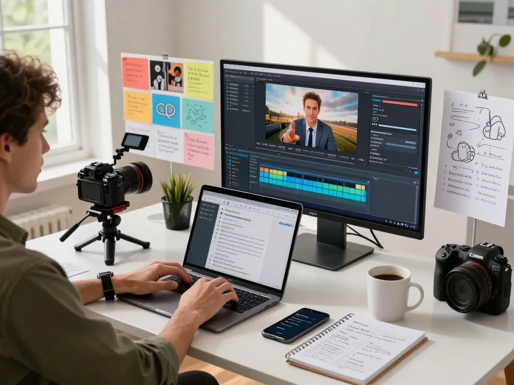 Video to prompt generation scene with a creator engaging in AI video prompt analysis in a bright, dynamic workspace.