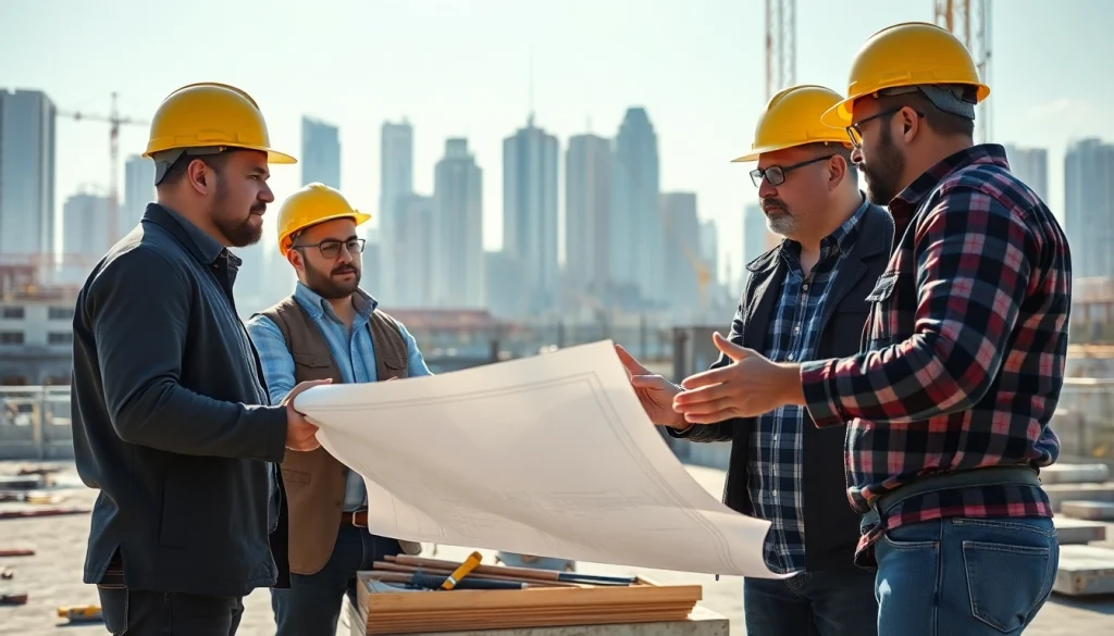 Construction association members collaborating on a project site with blueprints and tools.