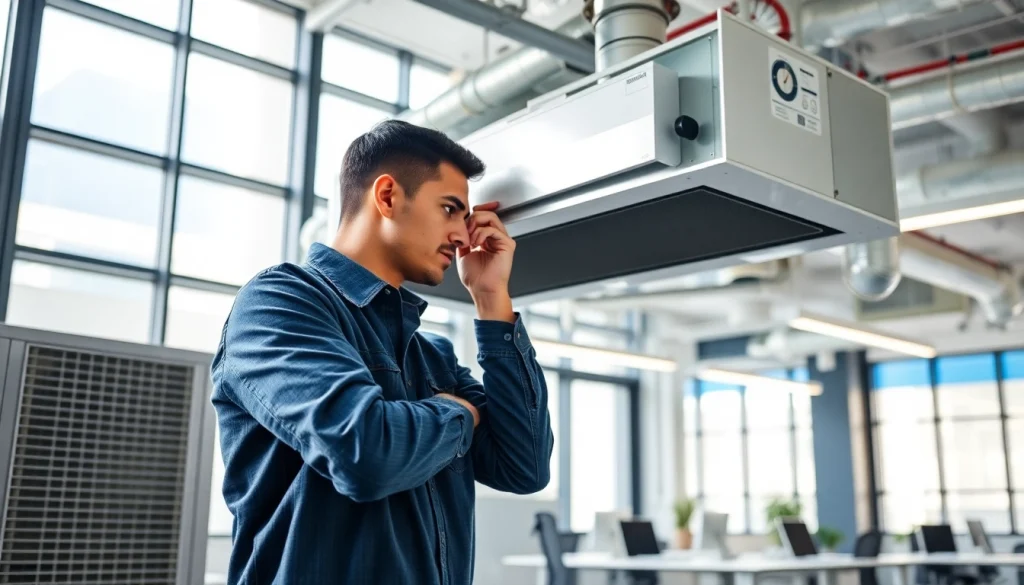 Technician installing a commercial HVAC system in a modern office environment.