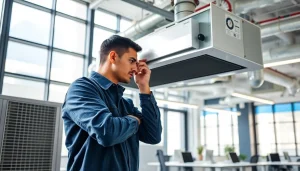 Technician installing a commercial HVAC system in a modern office environment.