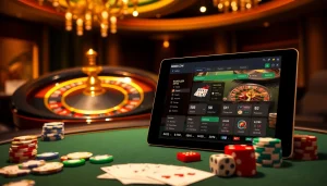 Engaging online gambling scene at MM88 COM with vibrant roulette wheel and poker table.