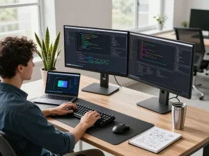 快连应用界面在现代科技办公室的流线型开发者工作区展示，双屏显示器、编码工具和咖啡设置。