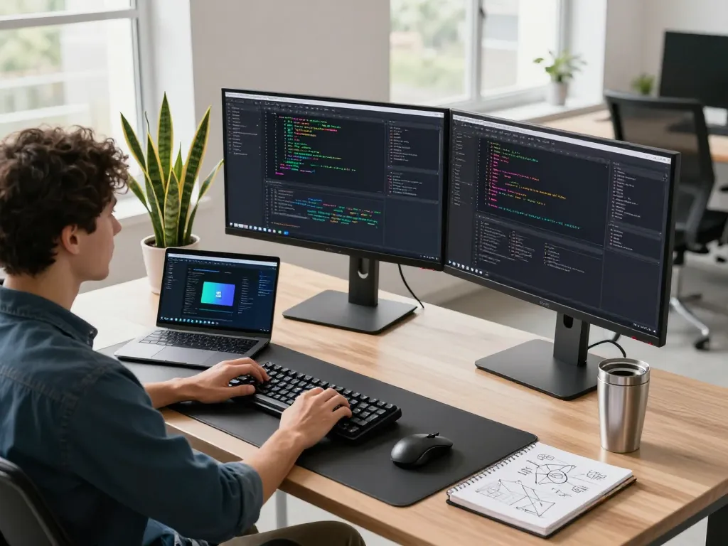 快连应用界面在现代科技办公室的流线型开发者工作区展示，双屏显示器、编码工具和咖啡设置。