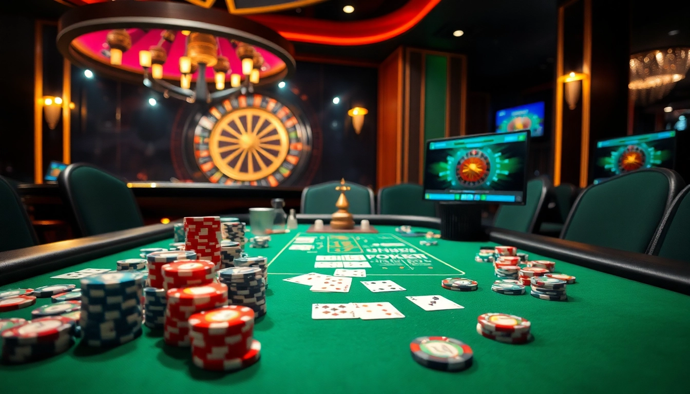 Meja poker yang cerah menampilkan elemen situs idn poker, chip, dan kartu di lingkungan kasino mewah.